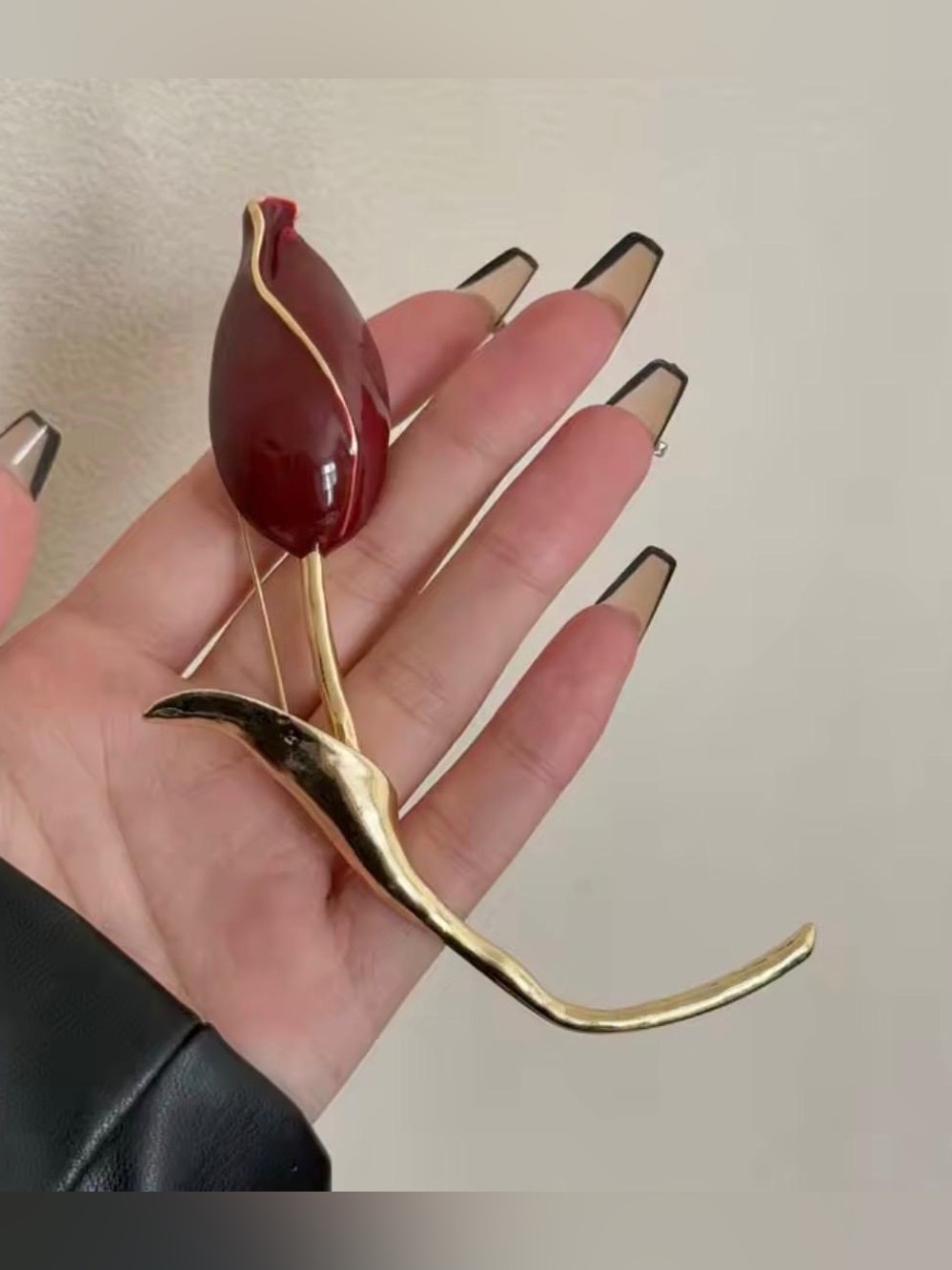 Gold Tulip Brooch with Deep Red Enamel Flower Brooch Pins